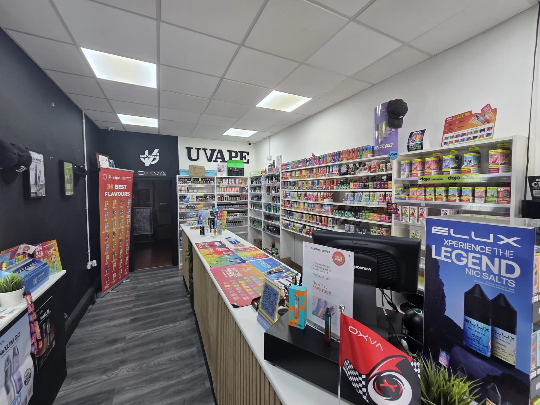 Inside U-Vape Long Eaton showing the counter and product displays